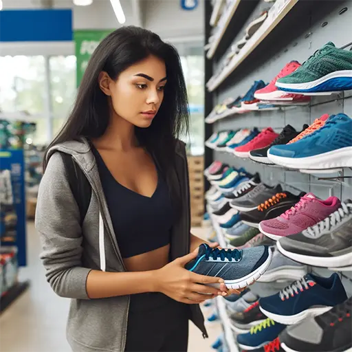 Femme en magasin choisissant des chaussures de course