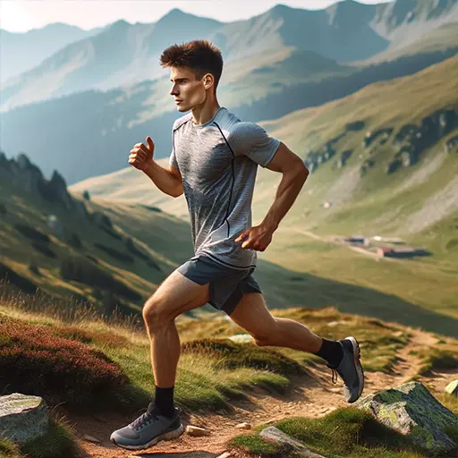 jeune homme courant vers le haut de la montagne